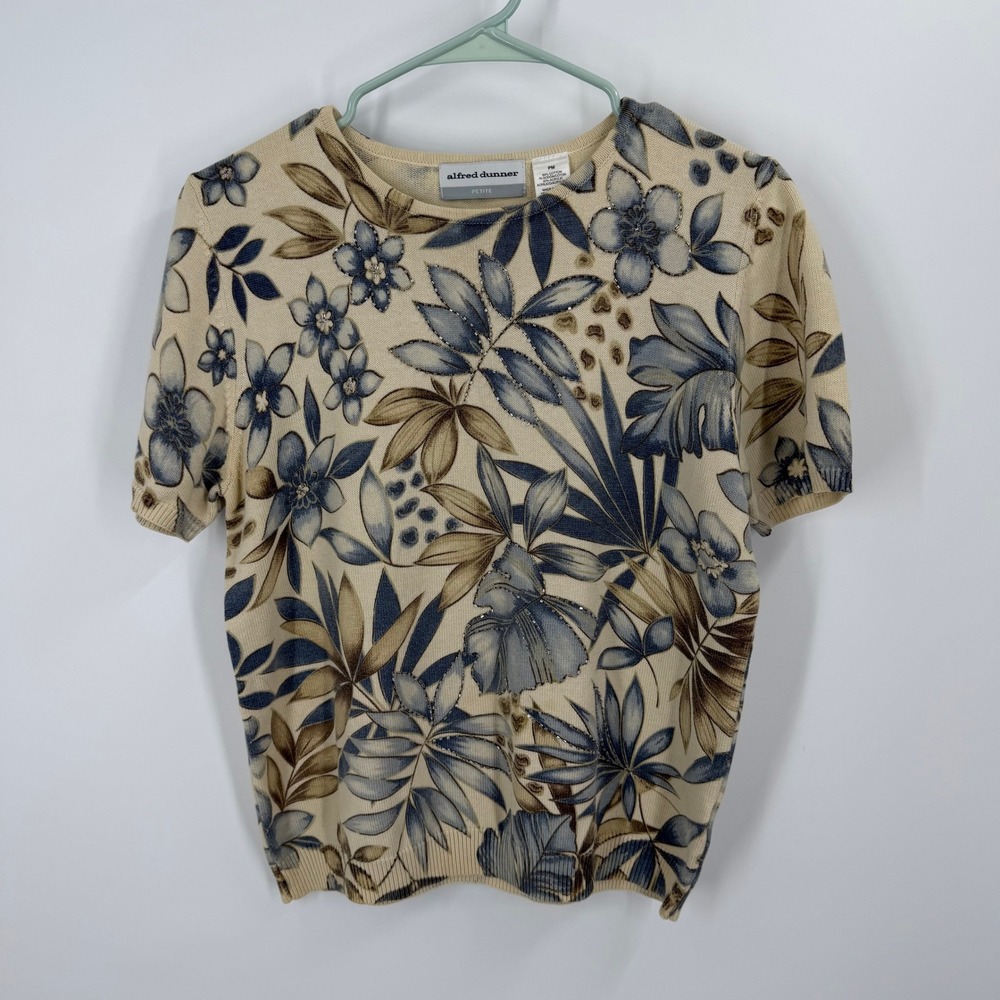 Alfred Dunner Knit Top Women PM Tan Floral Short Sleeve Embellished